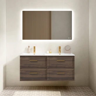 Dubbelt Tvättställsskåp Gold <strong>Tandem</strong>  Walnut 120 cm med Handfat Vit Blank