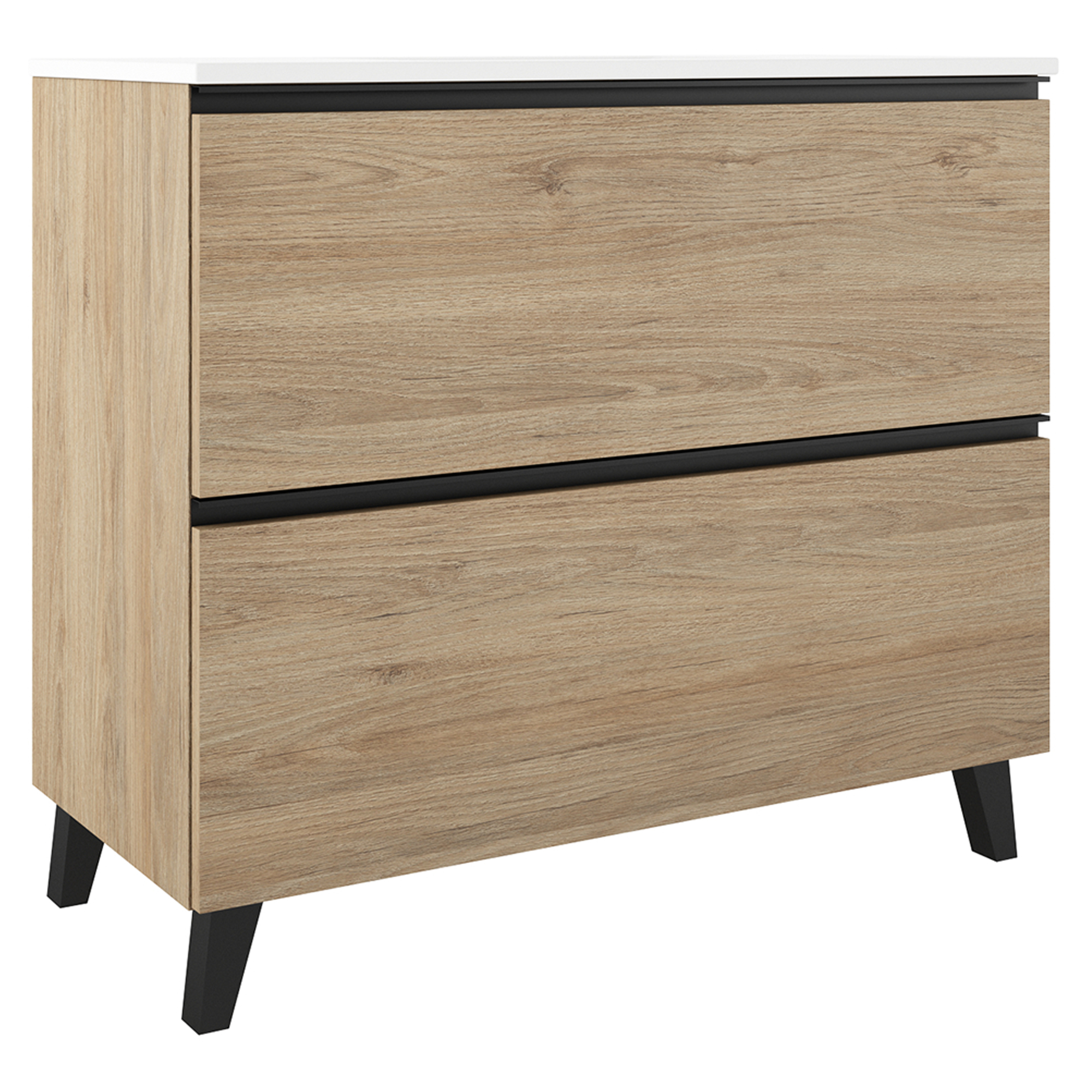 Tvättställsskåp Luna Trä Ljus 100 cm med Två Lådor & Handfat Vit Blank