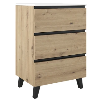 Tvättställsskåp <strong>Luna</strong>  Trä Ljus 60 cm med Tre Lådor & Handfat Vit Blank