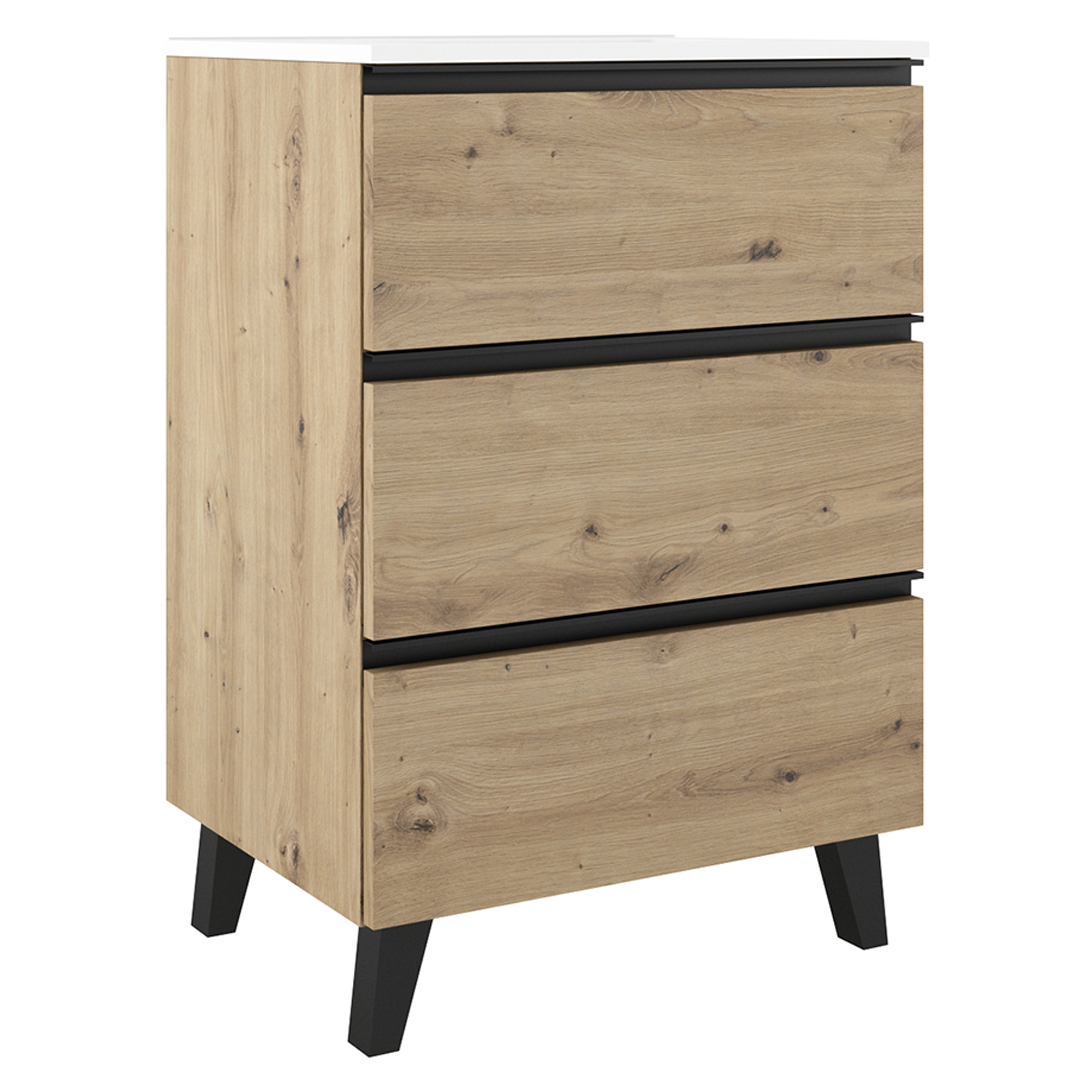 Tvättställsskåp Luna Trä Ljus 60 cm med Tre Lådor & Handfat Vit Blank