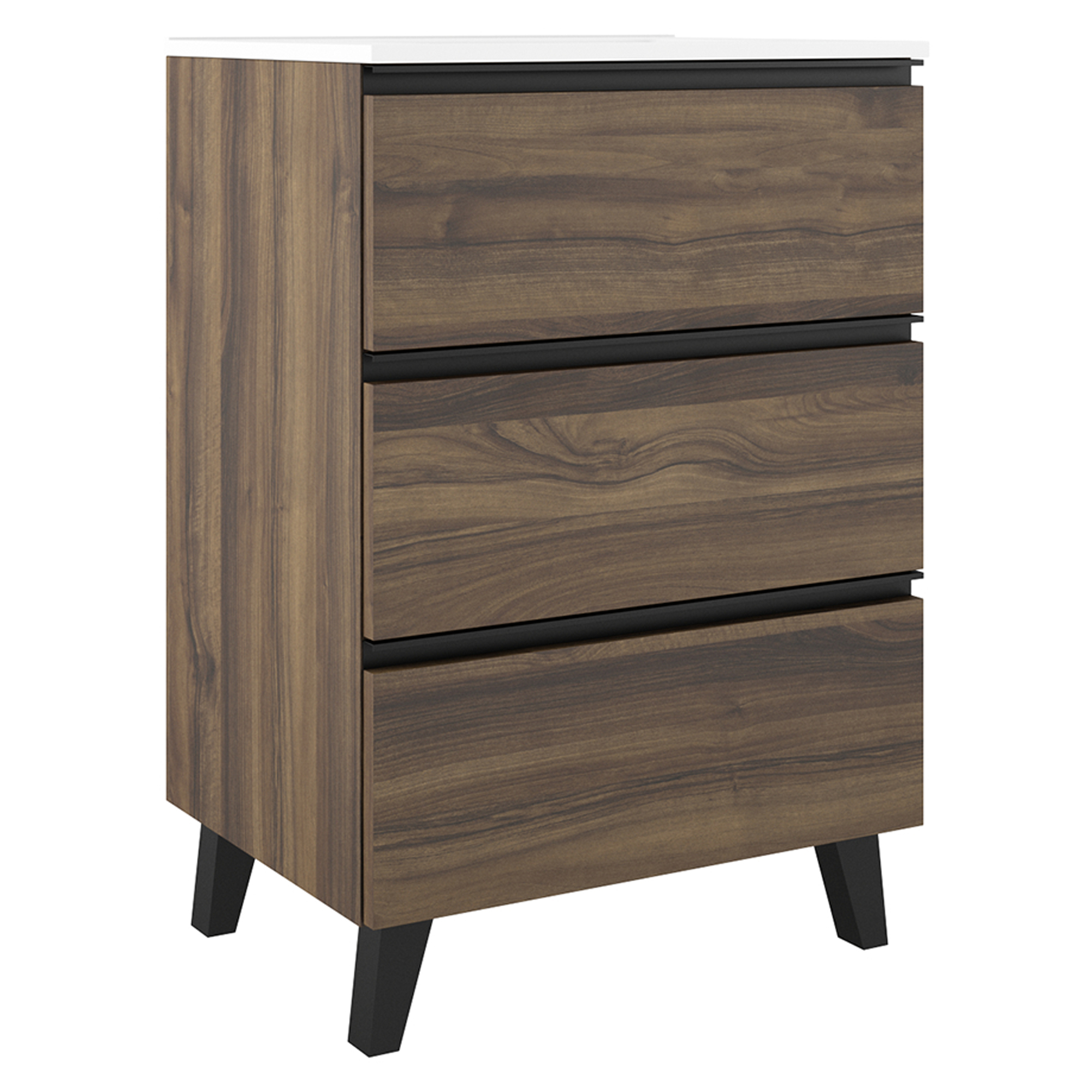 Tvättställsskåp Luna Trä Mörk 60 cm med Tre Lådor & Handfat Vit Blank
