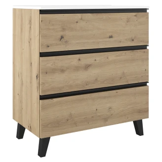 Tvättställsskåp <strong>Luna</strong>  Trä Ljus 80 cm med Tre Lådor & Handfat Vit Blank