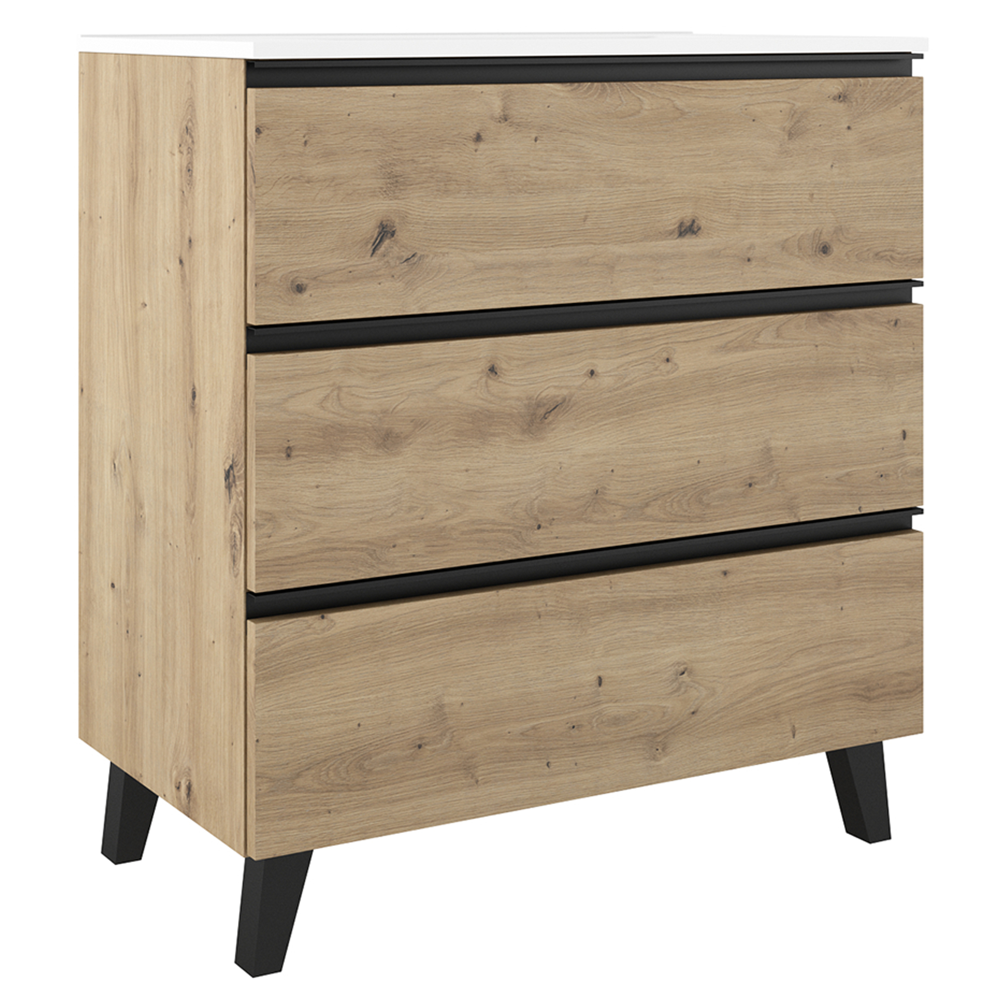 Tvättställsskåp Luna Trä Ljus 80 cm med Tre Lådor & Handfat Vit Blank