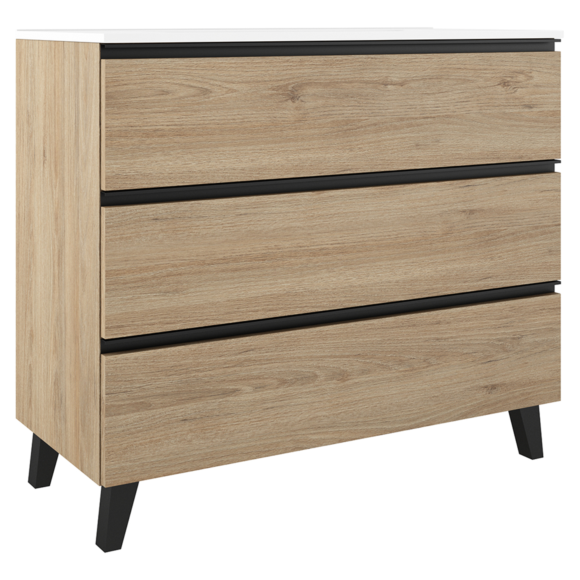 Tvättställsskåp Luna Trä Ljus 100 cm med Tre Lådor & Handfat Vit Blank
