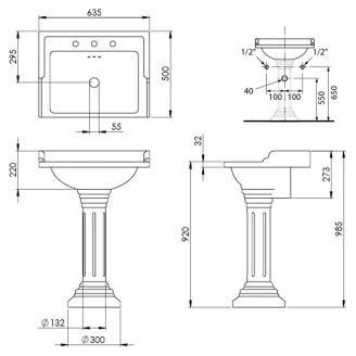 Kenny&Mason Tvättställ Oxford Vit Blank 64 cm med Piedestal 3 Kranhål