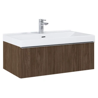 Tvättställsskåp <strong>Jardin</strong>  Valnöt Matt 80 cm med Handfat Vit Blank & Handtagen Krom