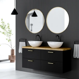 Tvättställsskåp <strong>Elva</strong>  Svart 100 cm med Bänkskiva Trä & Handtagen Guld
