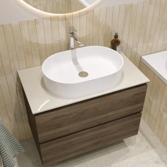 Tvättställsskåp Walnut Luna Trä 80 cm med Bänkskiva Silestone Ljusbeige Polerad