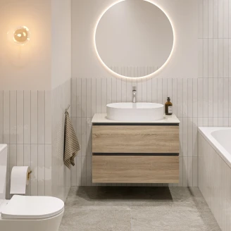 Tvättställsskåp Ek Luna Trä 80 cm med Bänkskiva Silestone Ljusbeige Polerad