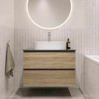 Tvättställsskåp Ek Luna Trä 80 cm med Bänkskiva Silestone Brun Polerad