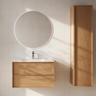 Badrumspaket Tvättställsskåp Ekskär Ek 80 cm med Högskåp, Spegel, Tvättställsblandare & Bottenventil