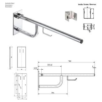 Fällbart Stödhandtag med Toalettpappershållare <strong>Steda</strong>  76 cm Krom Blank Utan Kåpa