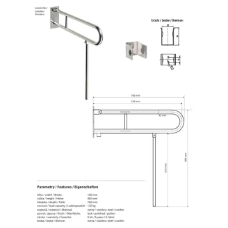 Fällbart Stödhandtag & Ben <strong>Steda</strong>  75 cm Dubbel Krom Matt Utan Kåpa