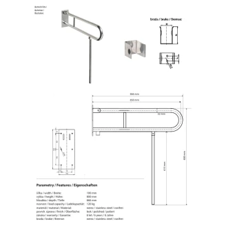 Fällbart Stödhandtag & Ben <strong>Steda</strong>  85 cm Dubbel Vit Matt Utan Kåpa