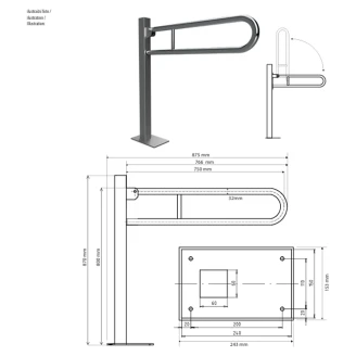 Fällbart Stödhandtag Golvmonterad <strong>Steda</strong>  75 cm Krom Matt
