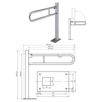 Fällbart Stödhandtag Golvmonterad <strong>Steda</strong>  81 cm Krom Matt Utan Kåpa