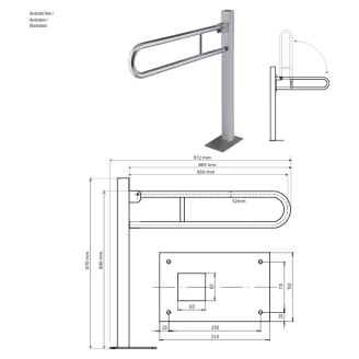 Fällbart Stödhandtag Golvmonterad <strong>Steda</strong>  85 cm Krom Matt Utan Kåpa