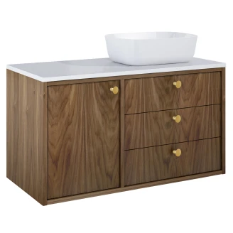 Tvättställsskåp <strong>Vinyl</strong>  Valnöt Höger 100 cm med Bänkskiva Vit & Handtagen Guld