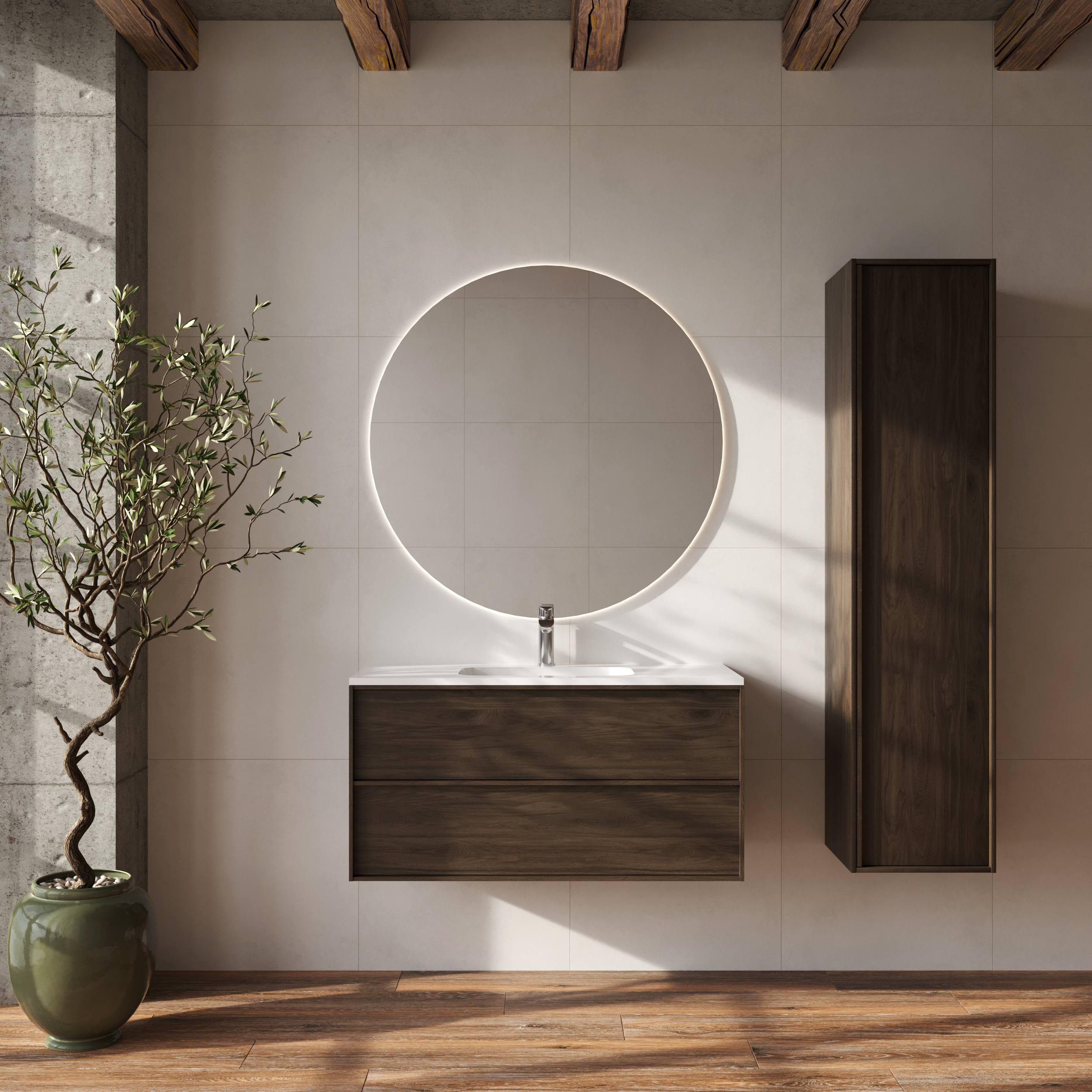 Badrumspaket Tvättställsskåp Ekskär Valnöt 100 cm med Högskåp, Spegel, Tvättställsblandare & Bottenventil