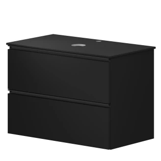 <strong>Badrumspaket Luna</strong>  Svart 80 cm med Cosentino Svart Bänkskiva, Högskåp, Spegel, Handfat, Tvättställsblandare & Bottenventil