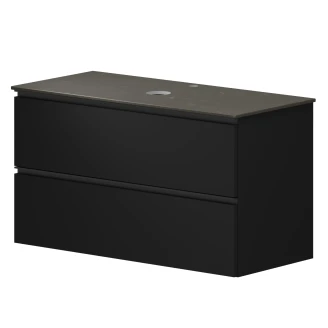 <strong>Badrumspaket Luna</strong>  Svart 100 cm med Cosentino Brun Bänkskiva, Högskåp, Spegel, Handfat, Tvättställsblandare & Bottenventil