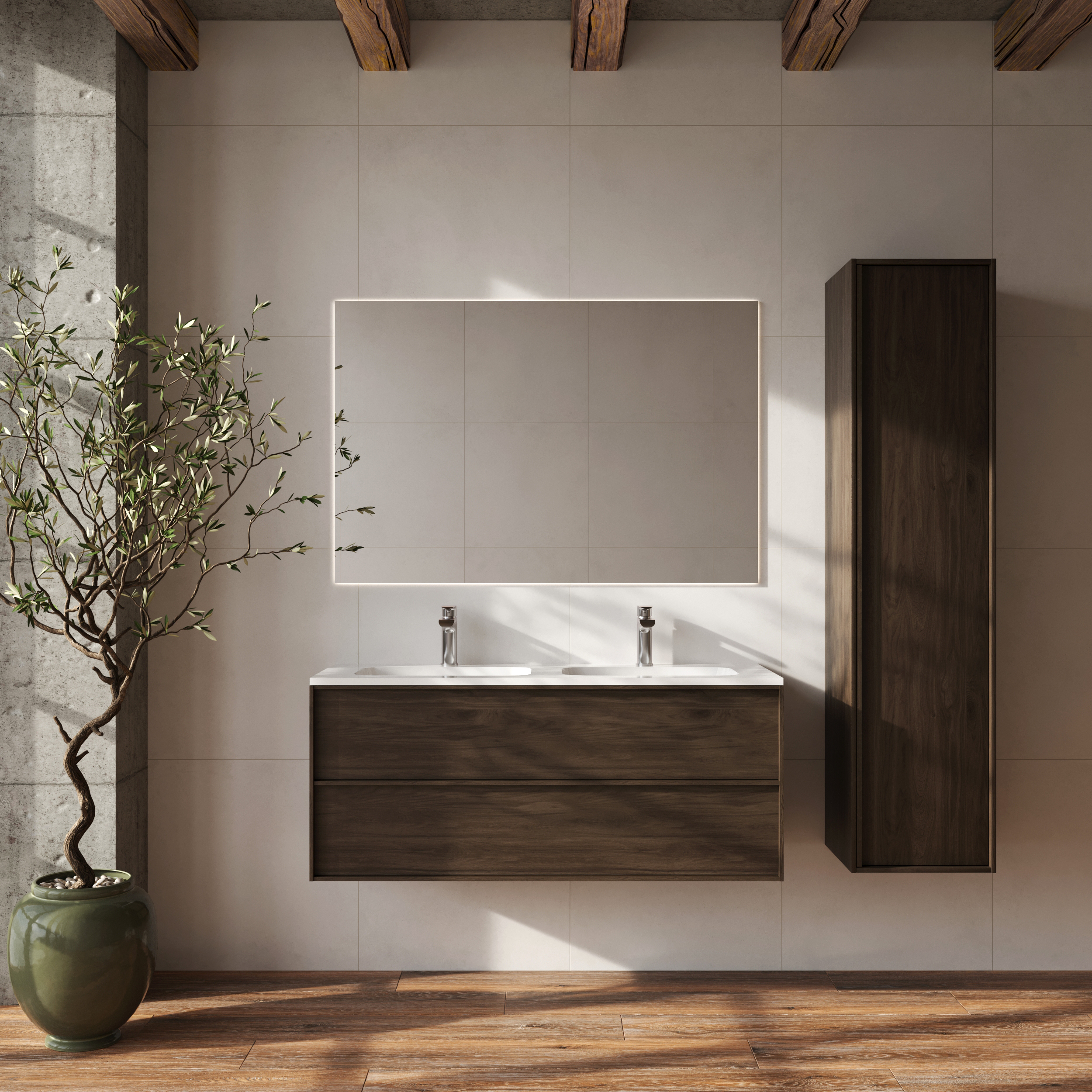 Badrumspaket Dubbelt Tvättställsskåp Ekskär Valnöt 120 cm med Högskåp, Spegel, Tvättställsblandare & Bottenventil