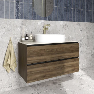 Tvättställsskåp Walnut Luna Trä 100 cm med Cosentino Bänkskiva Silestone Ljusbeige Polerad