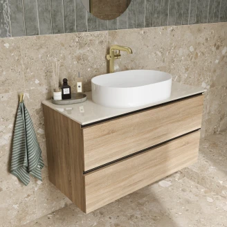 Tvättställsskåp Ek Luna Trä 100 cm med Cosentino Bänkskiva Silestone Ljusbeige Polerad