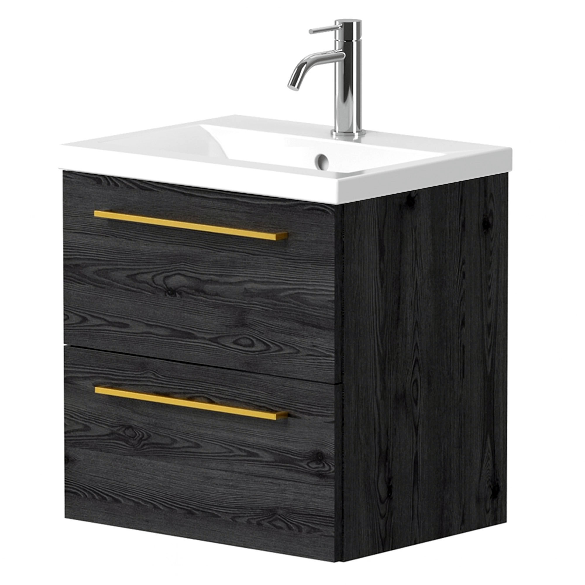 Tvättställsskåp Brook Svart Ek Matt 50x38 cm med Handfat Vit & Handtagen Guld