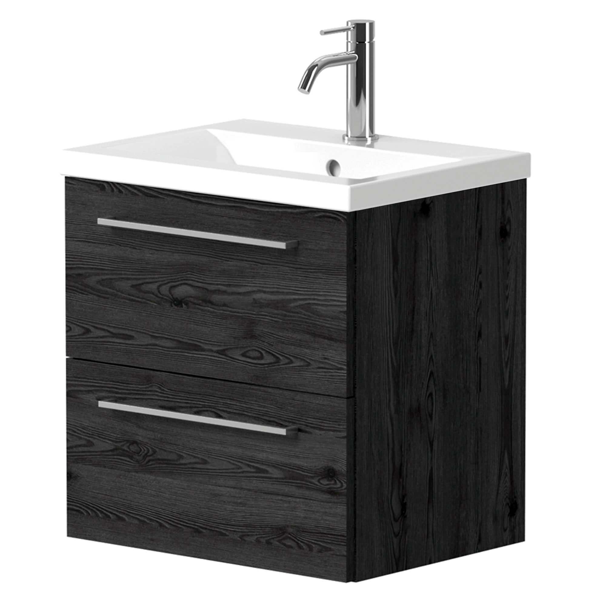 Tvättställsskåp Brook Svart Ek Matt 50x38 cm med Handfat Vit & Handtagen Krom