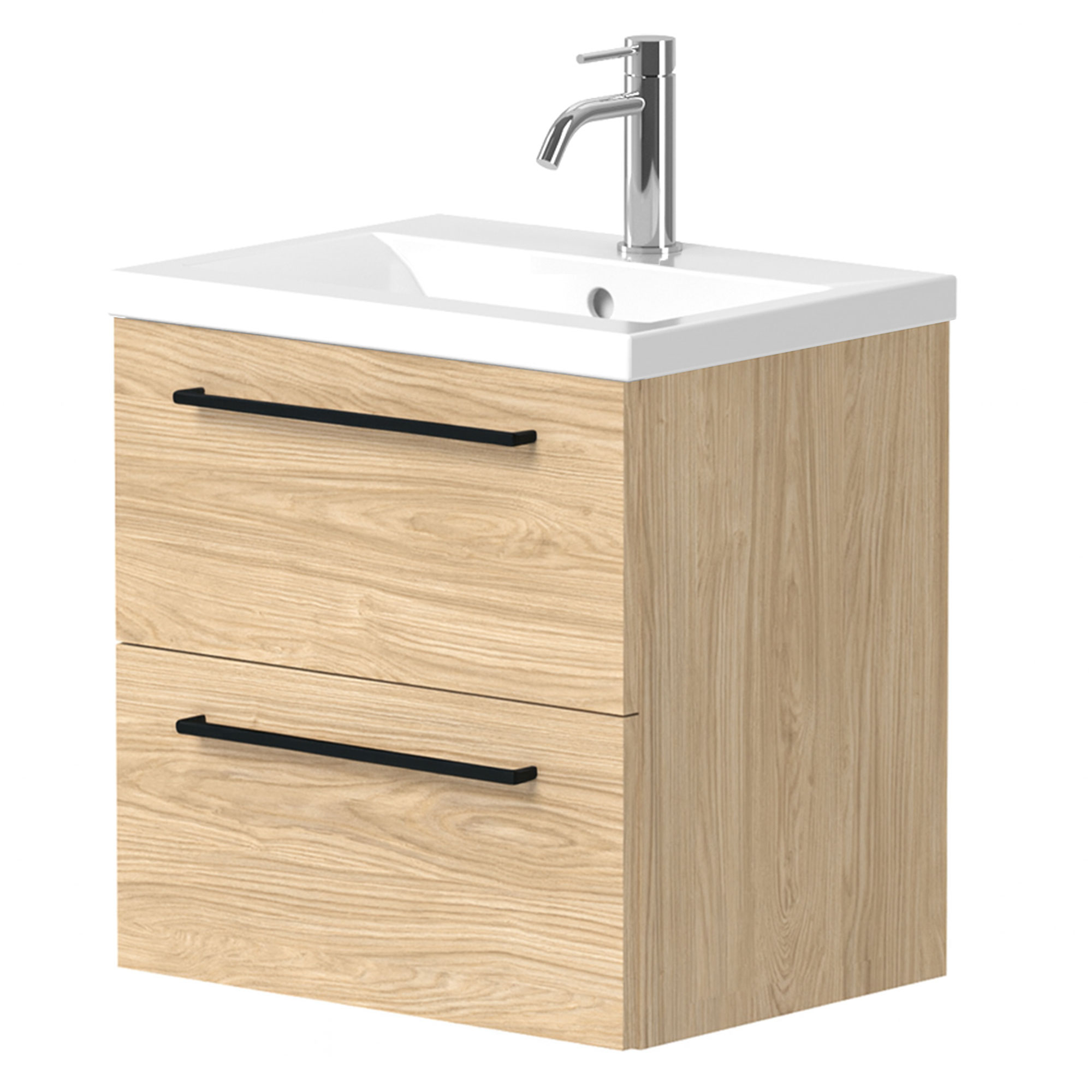 Tvättställsskåp Brook Trä Ljus Matt 50x38 cm med Handfat Vit & Handtagen Svart