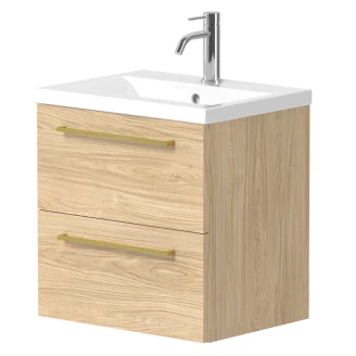 Tvättställsskåp <strong>Brook</strong>  Trä Ljus Matt 50x38 cm med Handfat Vit & Handtagen Guld