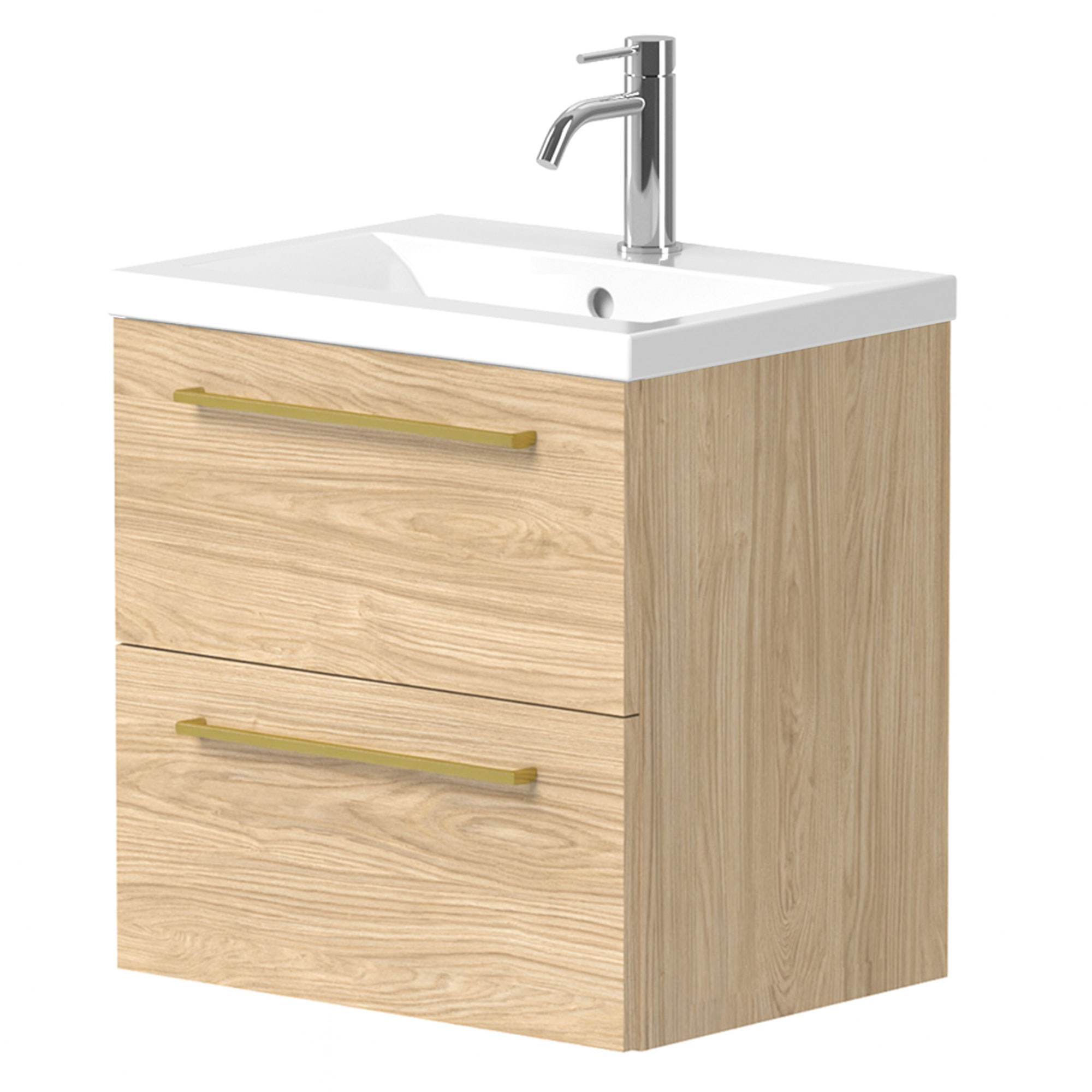 Tvättställsskåp Brook Trä Ljus Matt 50x38 cm med Handfat Vit & Handtagen Guld