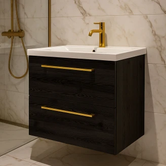 Tvättställsskåp <strong>Brook</strong>  Svart Ek Matt 60x38 cm med Handfat Vit & Handtagen Guld