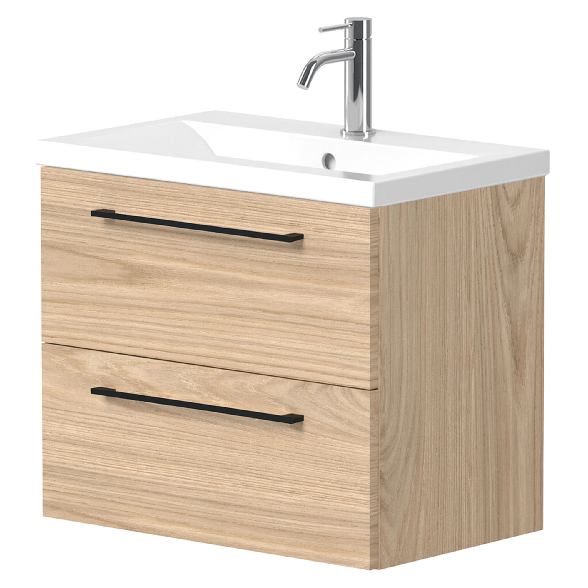 Tvättställsskåp Brook Trä Ljus Matt 60x38 cm med Handfat Vit & Handtagen Svart