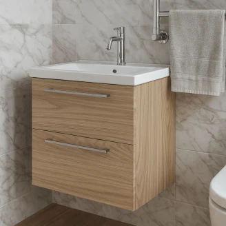 Tvättställsskåp <strong>Brook</strong>  Trä Ljus Matt 60x38 cm med Handfat Vit & Handtagen Krom