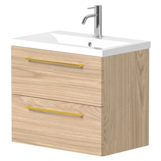 Tvättställsskåp <strong>Brook</strong>  Trä Ljus Matt 60x38 cm med Handfat Vit & Handtagen Guld