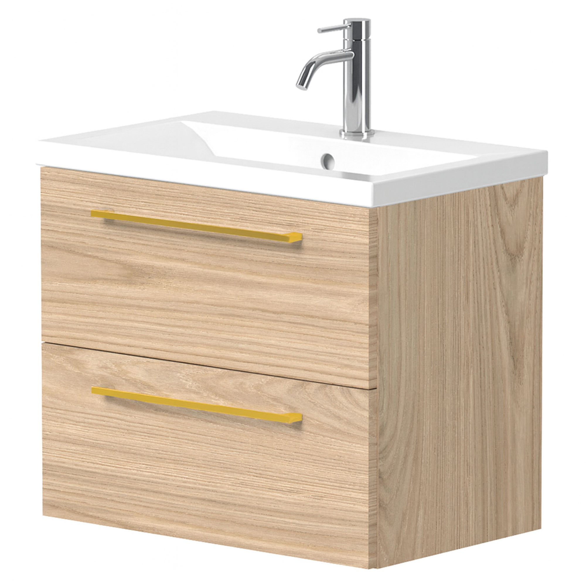 Tvättställsskåp Brook Trä Ljus Matt 60x38 cm med Handfat Vit & Handtagen Guld