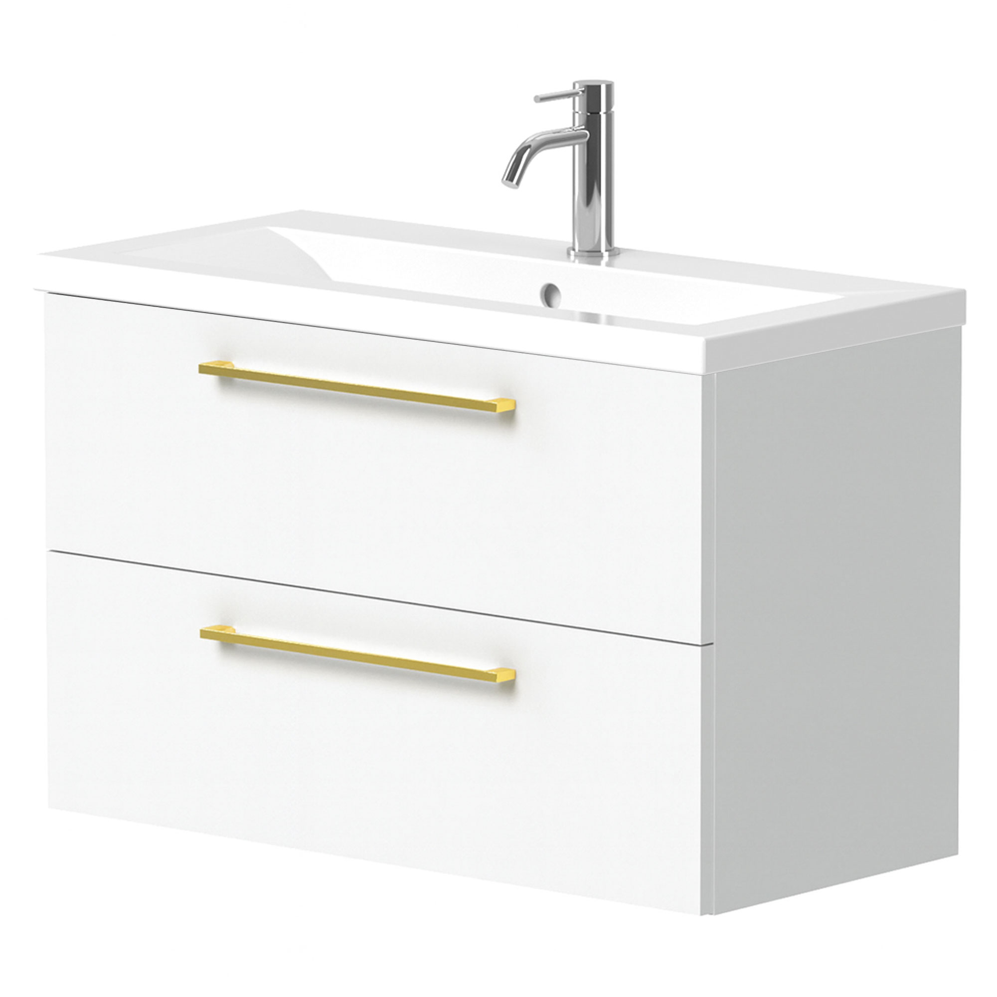 Tvättställsskåp Brook Vit Blank 80x38 cm med Handfat Vit & Handtagen Guld