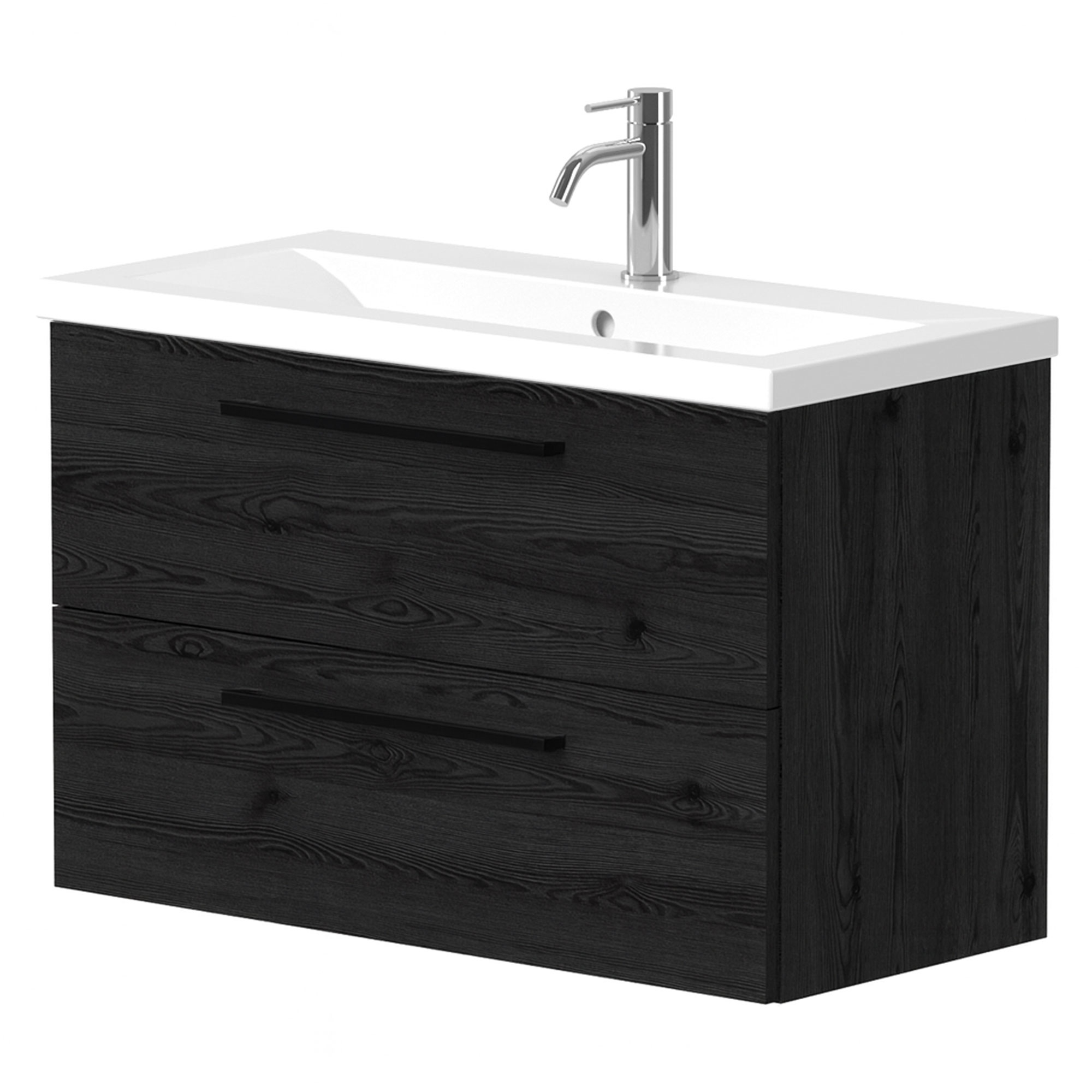 Tvättställsskåp Brook Svart Ek Matt 80x38 cm med Handfat Vit & Handtagen Svart