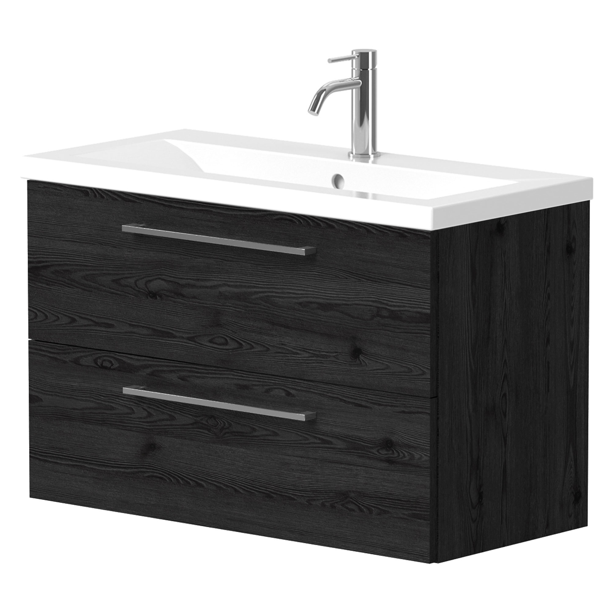 Tvättställsskåp Brook Svart Ek Matt 80x38 cm med Handfat Vit & Handtagen Krom