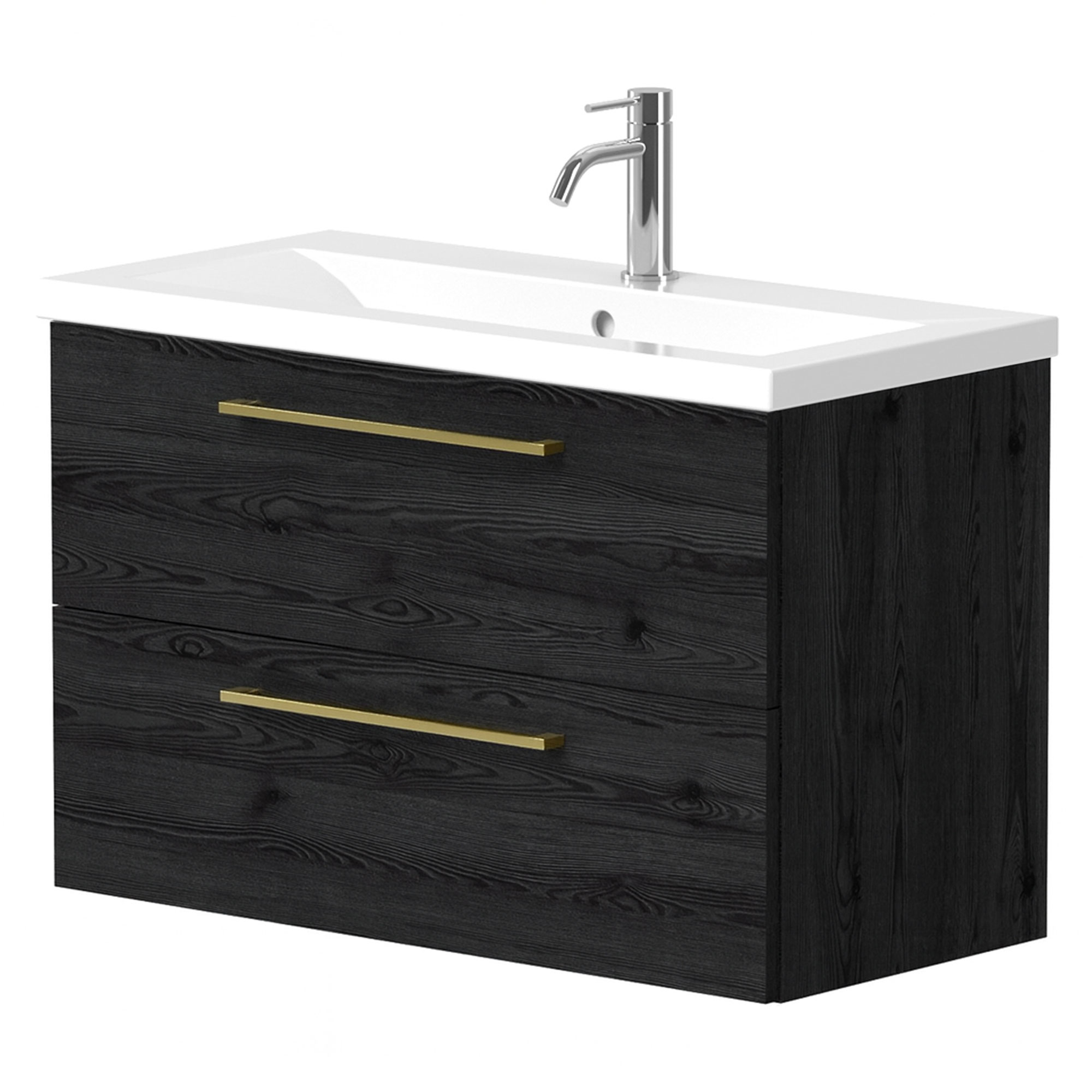 Tvättställsskåp Brook Svart Ek Matt 80x38 cm med Handfat Vit & Handtagen Guld