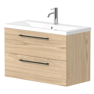 Tvättställsskåp <strong>Brook</strong>  Trä Ljus Matt 80x38 cm med Handfat Vit & Handtagen Svart