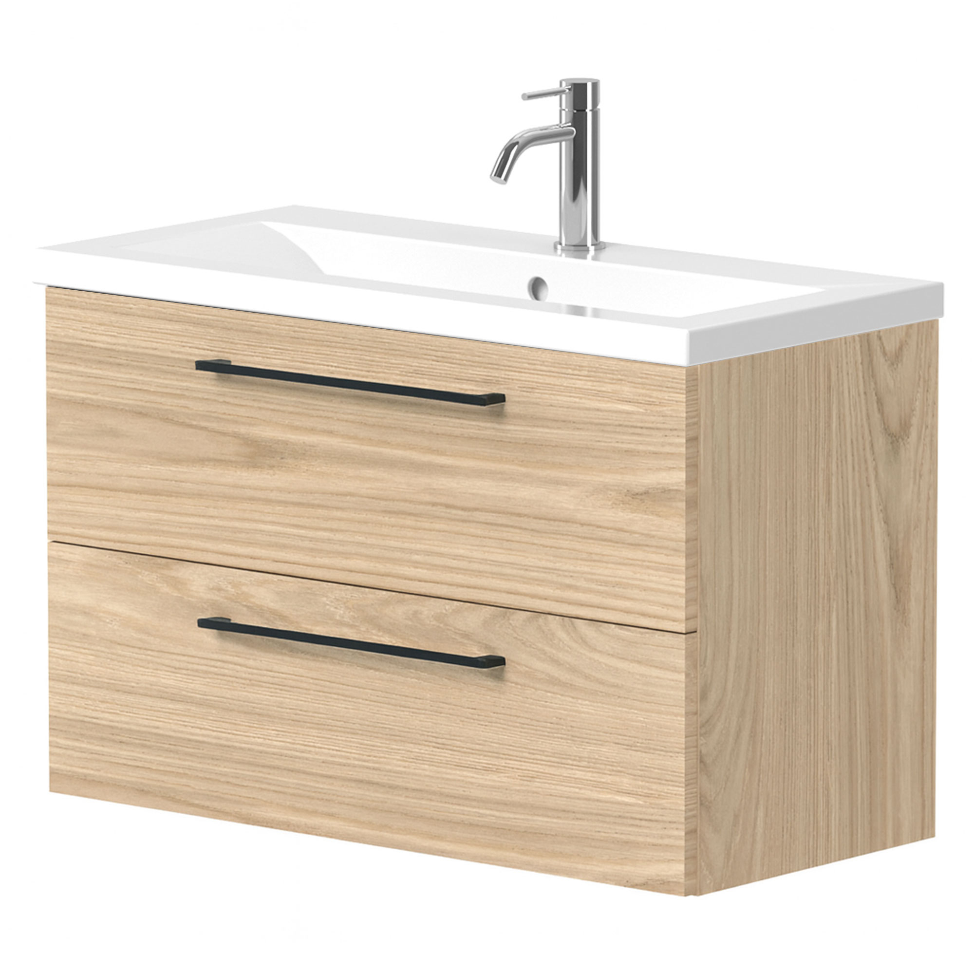 Tvättställsskåp Brook Trä Ljus Matt 80x38 cm med Handfat Vit & Handtagen Svart