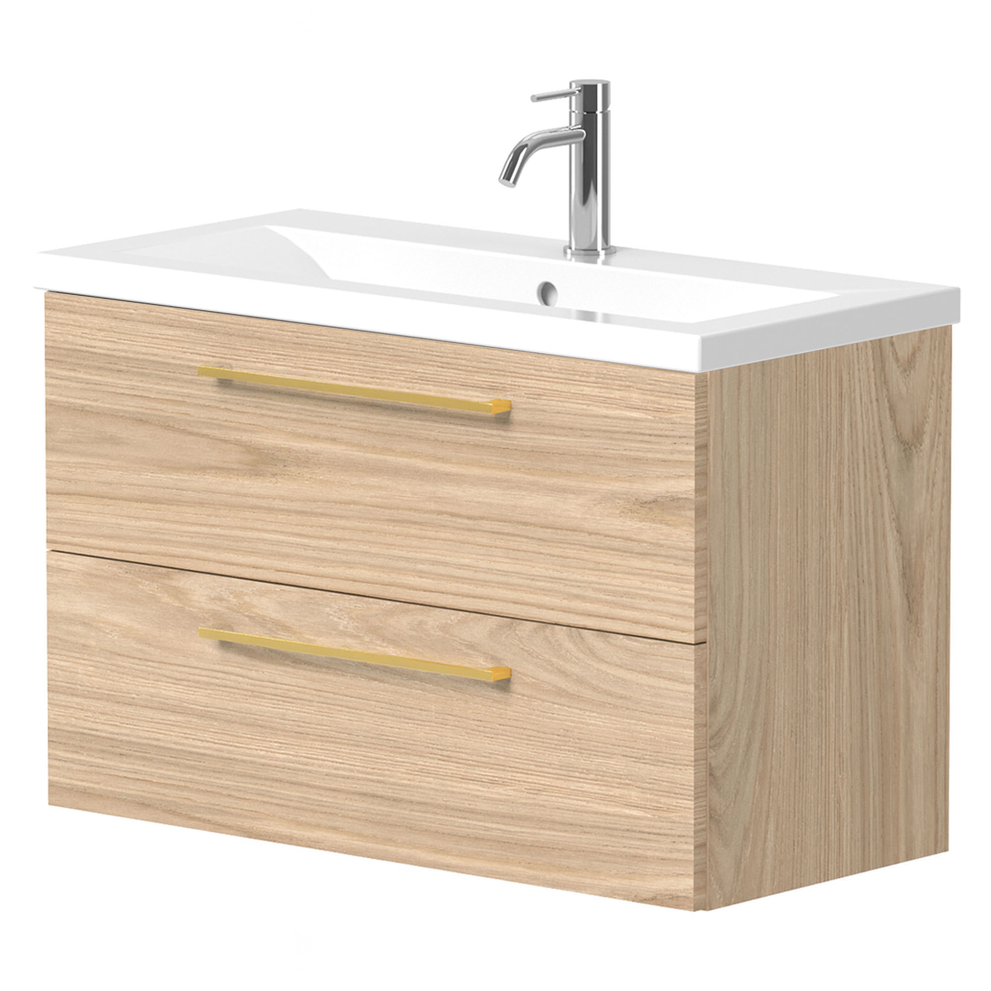 Tvättställsskåp Brook Trä Ljus Matt 80x38 cm med Handfat Vit & Handtagen Guld