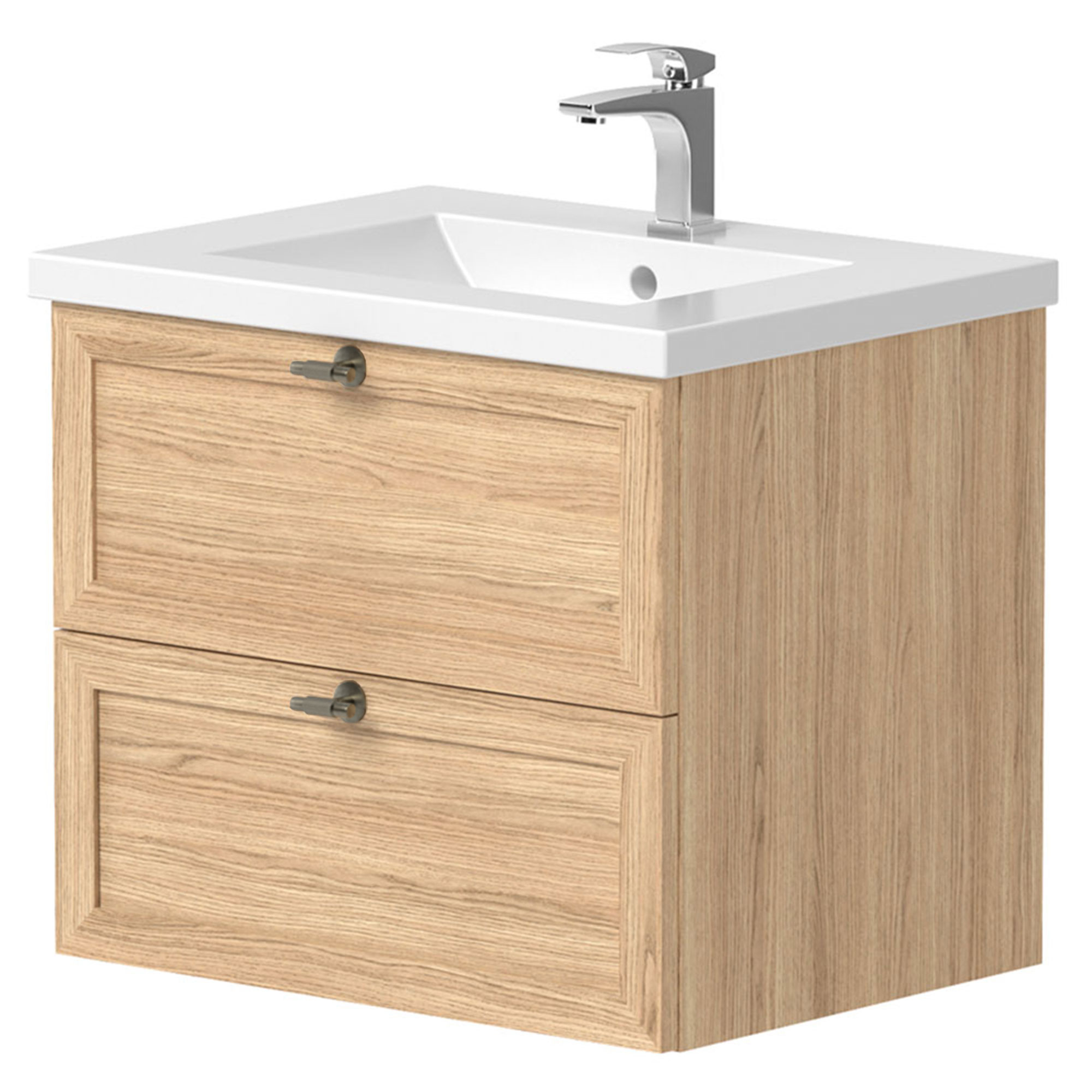 Tvättställsskåp Craftwood Ek Matt 60 cm med Handfat Vit Blank & Handtagen Antik Mässing