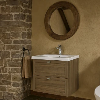 Tvättställsskåp <strong>Craftwood</strong>  Valnöt Matt 60 cm med Handfat Vit Blank & Handtagen Antik Mässing