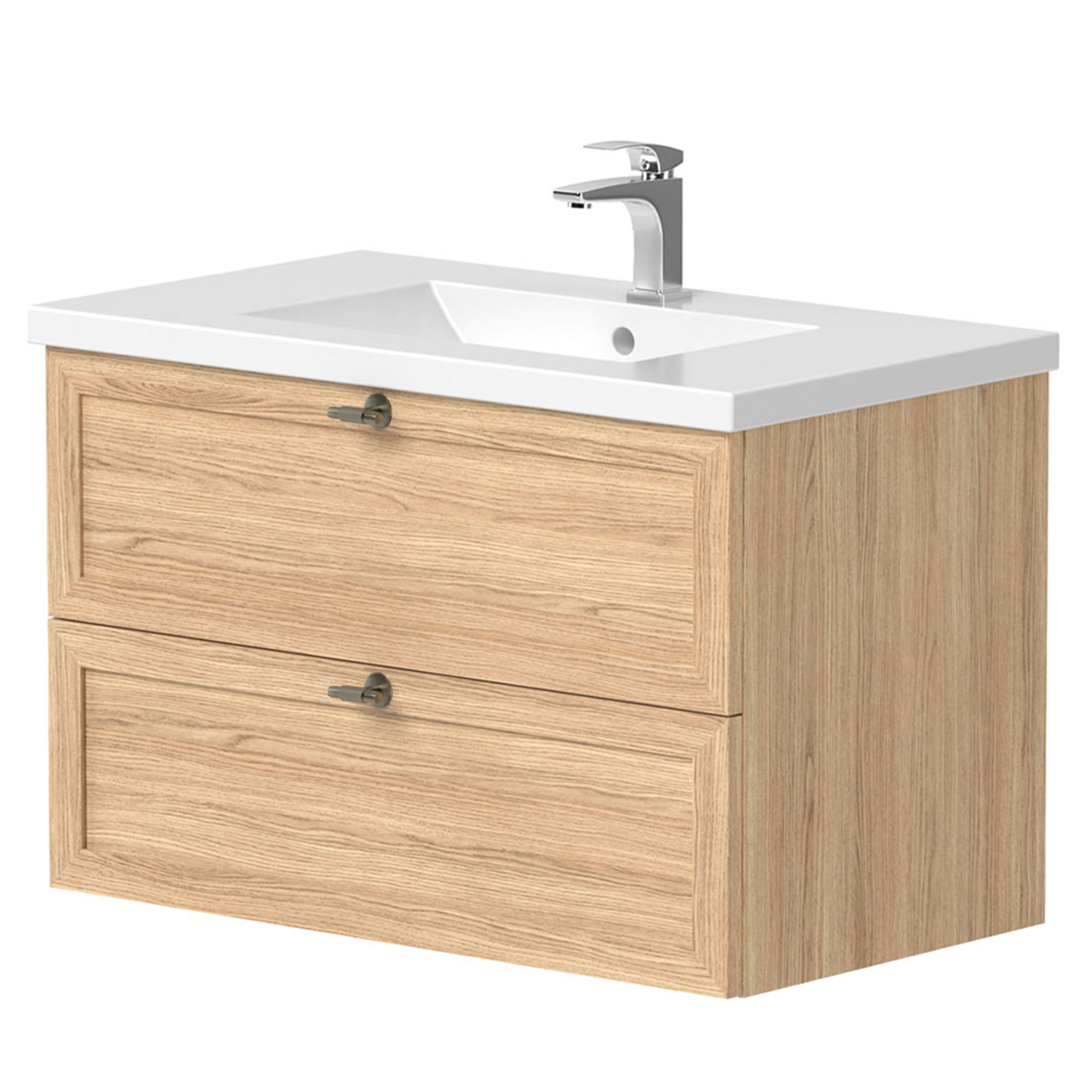 Tvättställsskåp Craftwood Ek Matt 80 cm med Handfat Vit Blank & Handtagen Antik Mässing