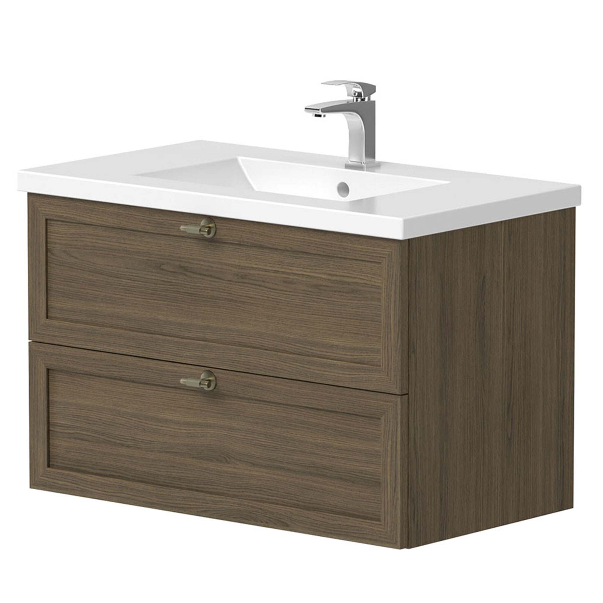 Tvättställsskåp Craftwood Valnöt Matt 80 cm med Handfat Vit Blank & Handtagen Antik Mässing