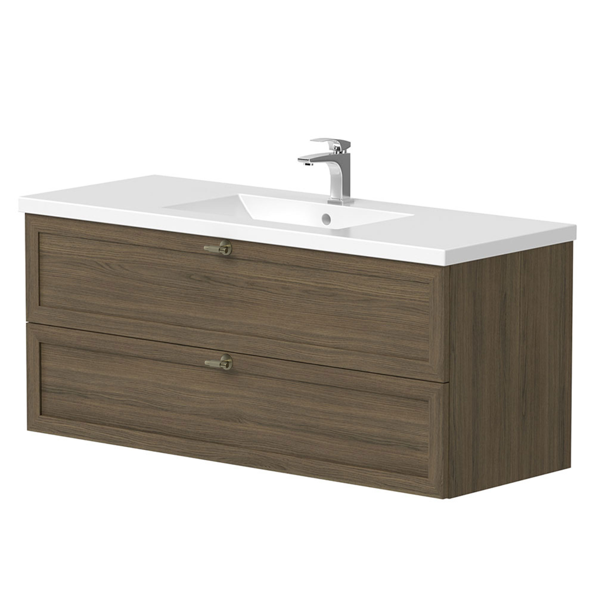 Tvättställsskåp Craftwood Valnöt Matt 120 cm med Handfat Vit Blank & Handtagen Antik Mässing